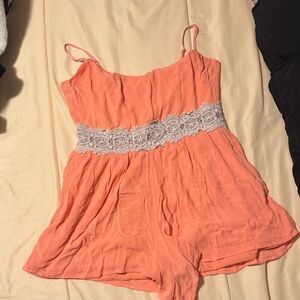 Poof! Peach Lace Trim Romper